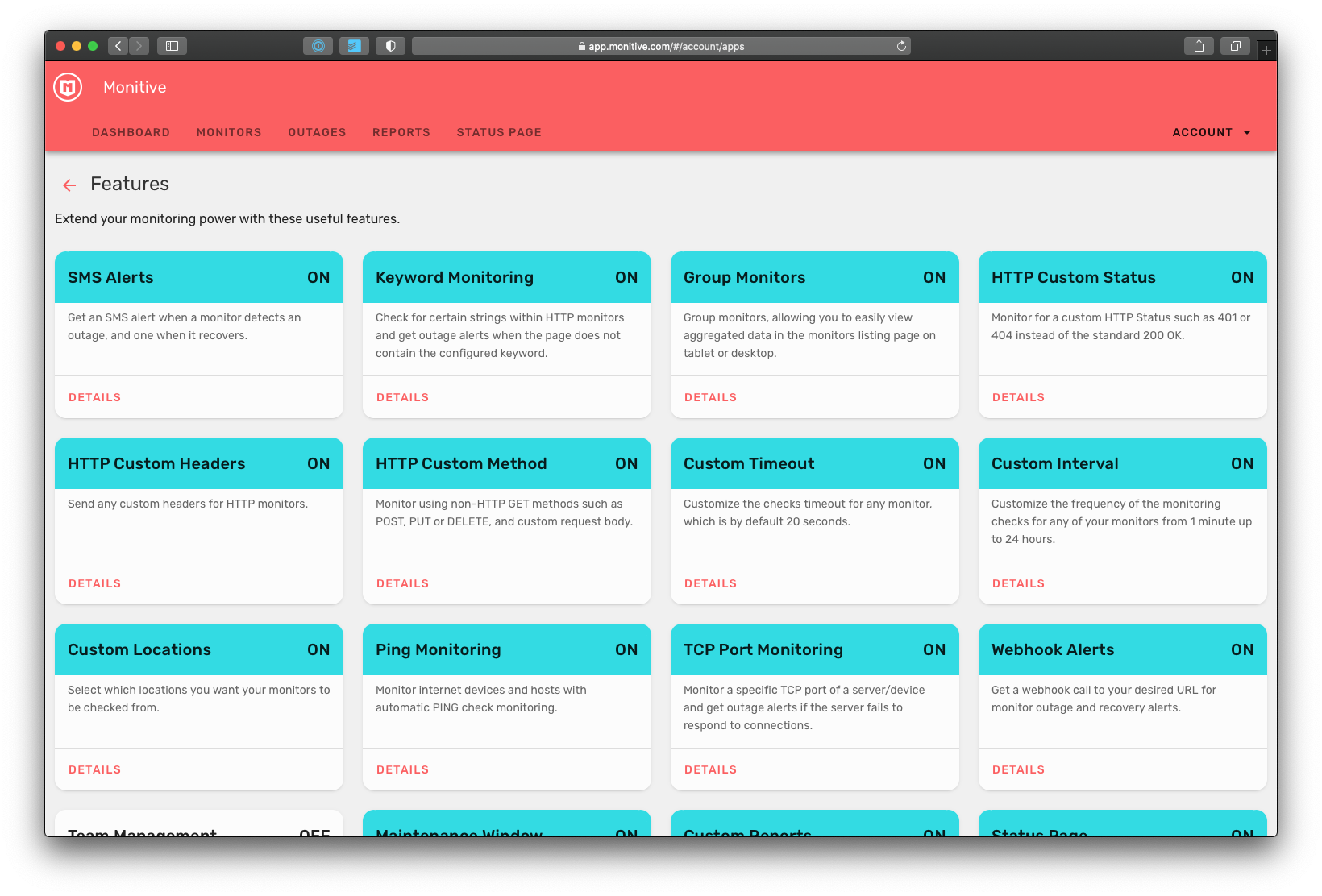 Monitive Features Screenshot