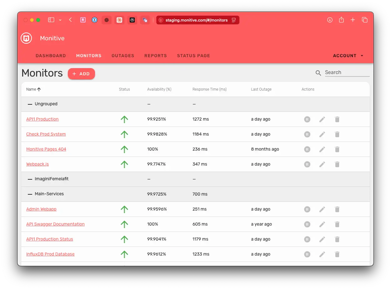 Monitoring dashboard showing monitors list with uptime status and 1-minute check intervals