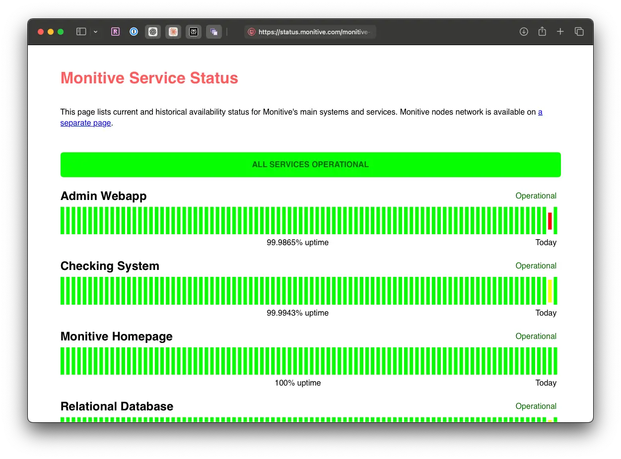 Public status page showing service uptime and historical availability
