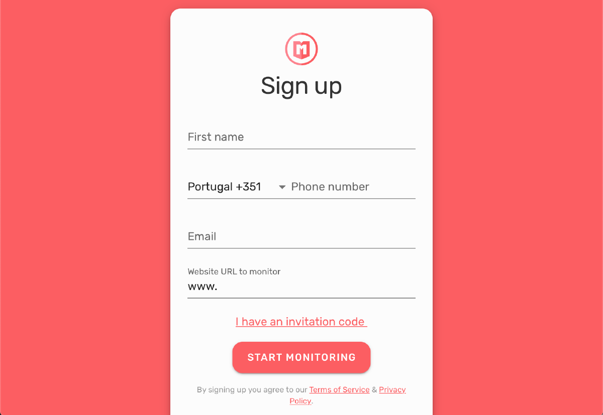 Monitive Sign Up Screen